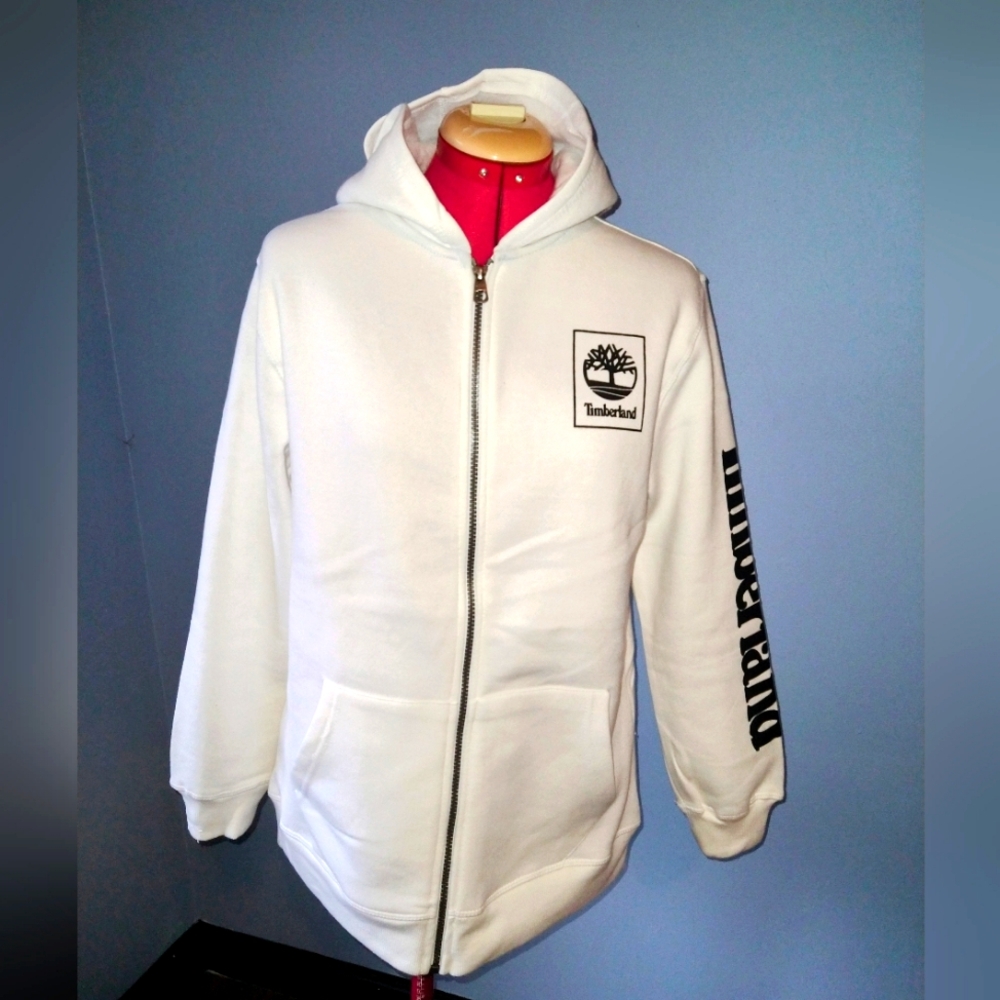 Timberland Youth White Full Zip Hoodie Jacket – Logo, Hooded Sweatshirt